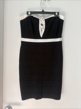 bebe Black Strapless Lace-Up Bodycon Dress with White Trim